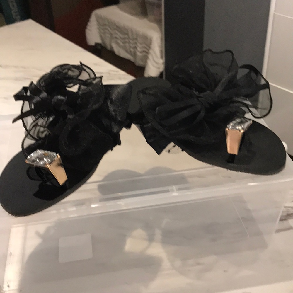 Black satin bowed sandles
